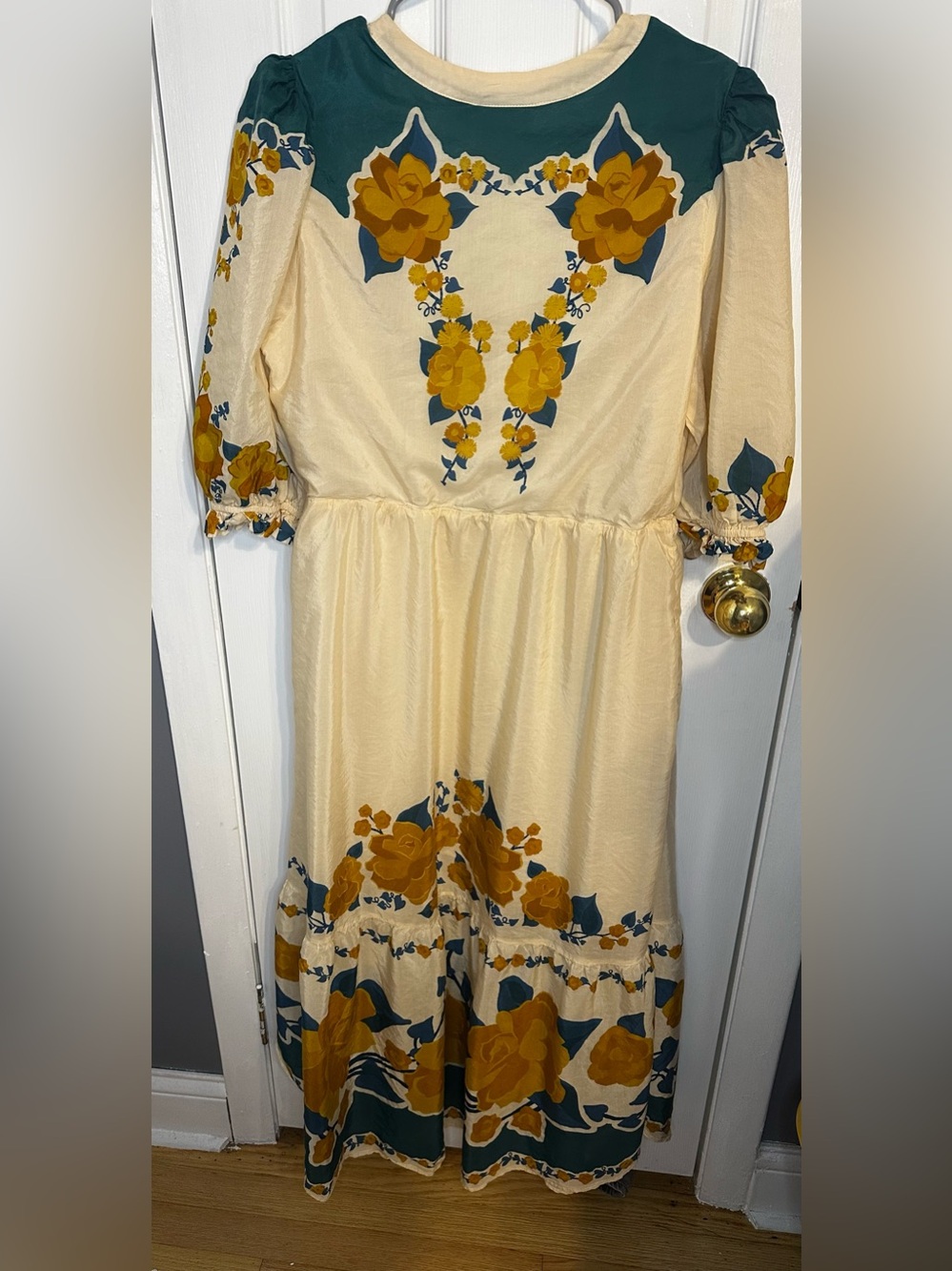 FARM Rio Anthropologie Cream Teal Yellow floral midi dress Size: L - Picture 4 of 6
